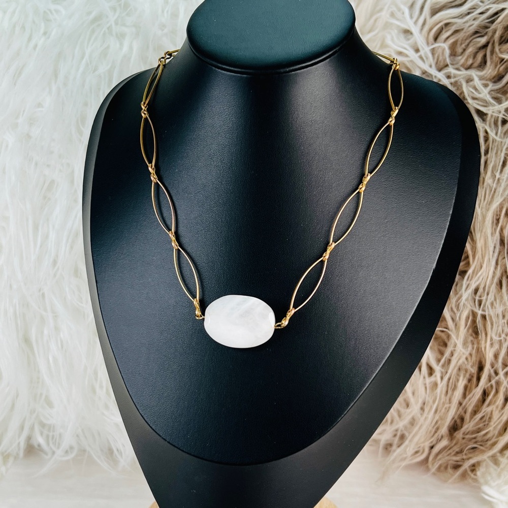 Gorgeous, white polished stone, brass tone, chain vintage, custom necklace